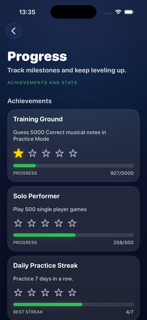 NoteRacer achievements screen tracking milestones and daily practice streaks