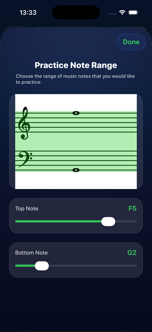 NoteRacer custom practice range settings with adjustable top and bottom notes