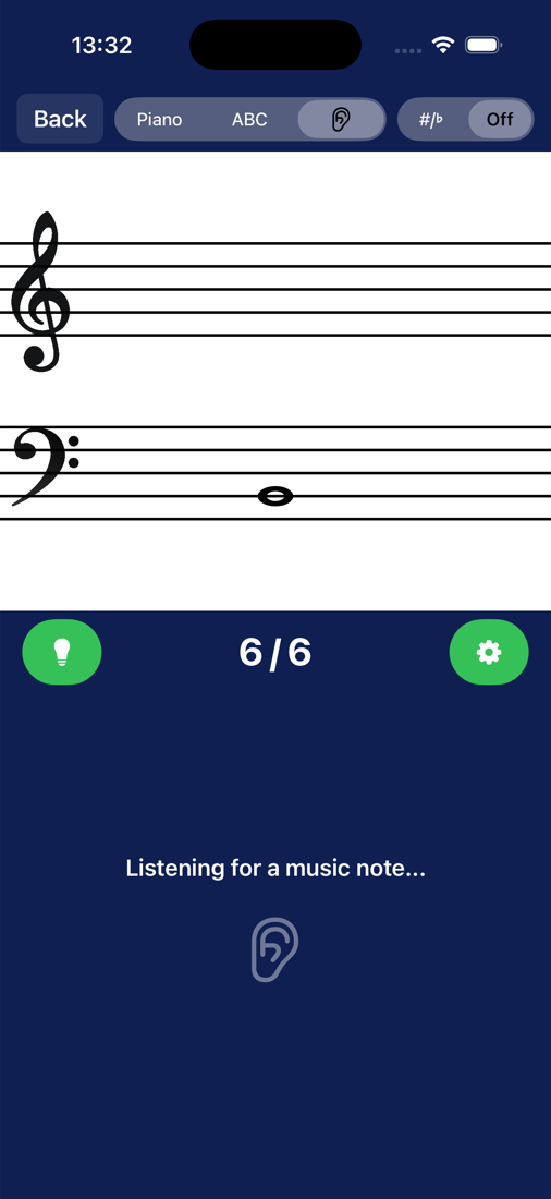 NoteRacer practice mode listening for the note played on a real instrument