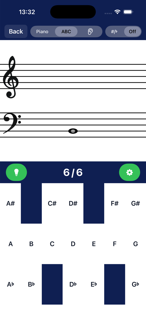 NoteRacer practice mode using note-name buttons, A to G with sharps and flats, to identify the note
